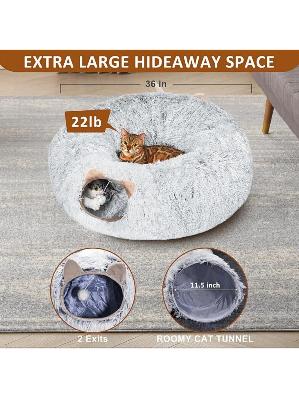 Cozy Cat Tunnel & Bed - Soft Plush Peekaboo Cave, Multifunctional Playground for